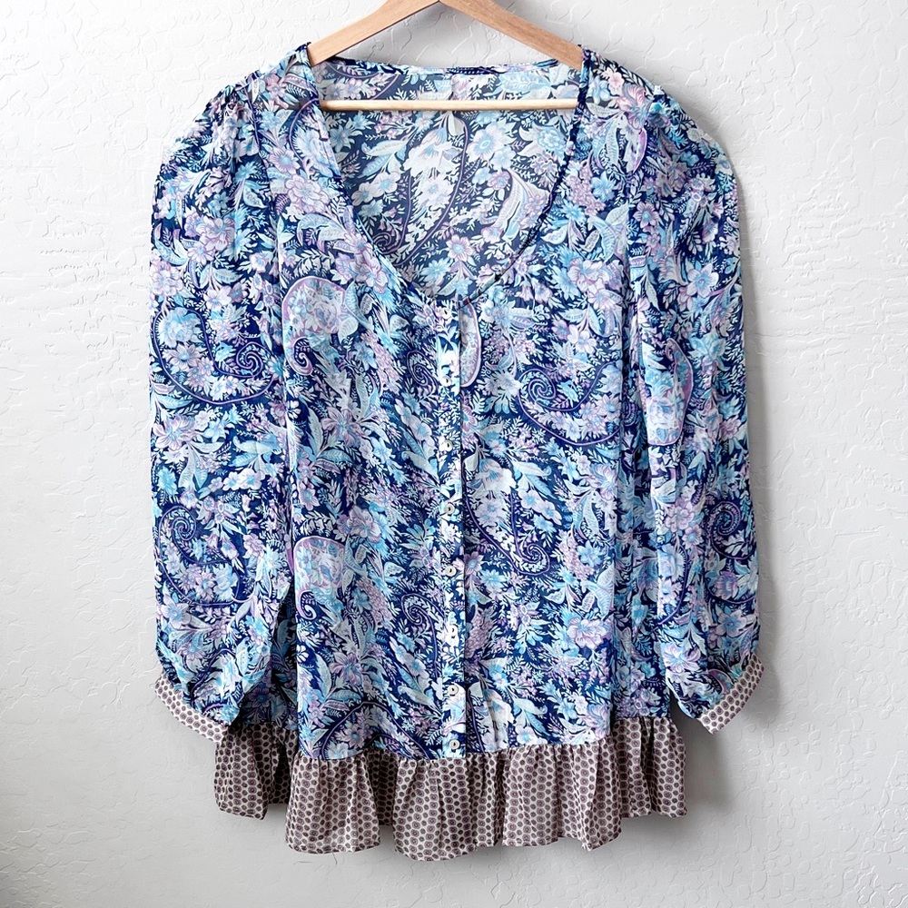 Organza Paisley Mixed Print Peplum Button Down Top